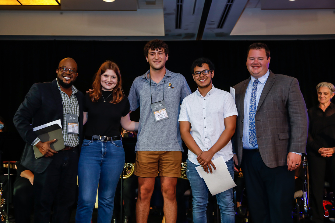 Jazz Improvisation Competition (L-R): Oscar Passley (competition chair, Summer Camargo (first place), Emerson Borg (third place), Camilo Molina (second place), Jason Bergman (ITG president)